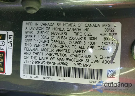 2022 Honda Cr-V Awd Ex-L z USA, uszkodzony, nr VIN 2HKRW2H84NH662542